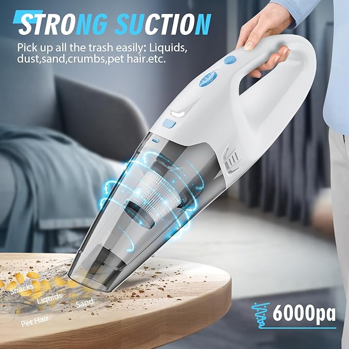FUOAYOC Handheld Vacuum Cordless, 6KPA Powerful Suction Hand Held Vacuum Cordless Rechargeable with LED Light/Multi Accessories, 1.6lbs Mini Lightweight Vacuum Cleaner for Home/Car/Office Cleaning