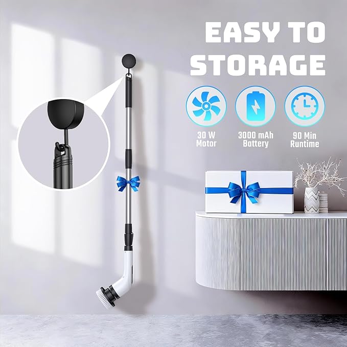 Highyes Electric Spin Scrubber, Powerful 2-Speed Cleaning Brush, IPX7 Waterproof with 7 Reusable Brush Heads & Extendable Handle, for Bathroom Toilet Shower Kitchen Wall Tile Floor Grout (White)