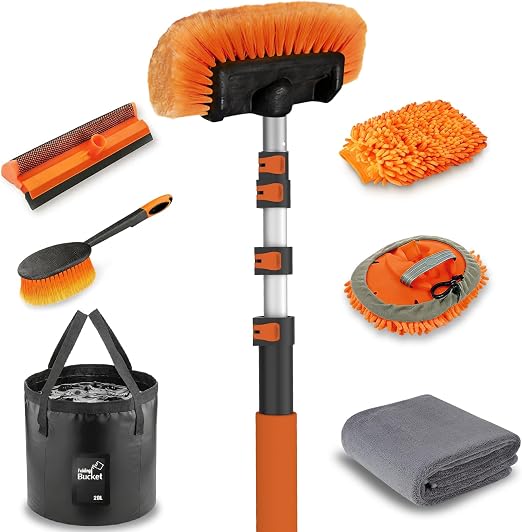 LAANPOLE 12FT Car Wash Brush with Long Handle, Car Cleaning Kit with Soft Bristle Wash Brush, Microfiber Cleaning Mop, W