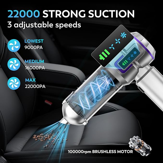 Car Vacuum Cleaner Cordless, 22000PA High Power Portable Handheld Vacuum & Compressed Air Duster, Mini Vacuum with LED Display, 3 Modes Brushless Motor for Car, Home, Office, Camping