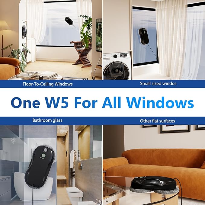 Tosima W5 Window Cleaning Robot, Dual Direction Auto-Spray Smart Window Cleaner with Triple Safety System, Smart Navigation, Remote Control, for All Smooth Surfaces, with 8 Rags, Black
