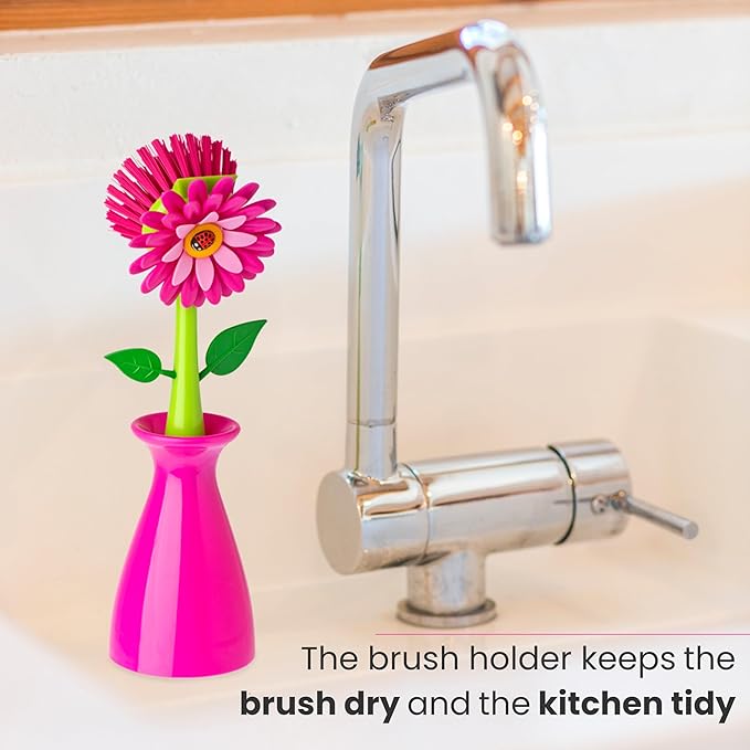 Vigar Flower Power Dish Brush with Handle and Vase Holder - Dish Scrub Brush for Dishes, Kitchen Scrub Brush, Dish Brush with Handle, Sink Cleaning Brush, Pot Scrubber, Dishwashing Brush - Pink