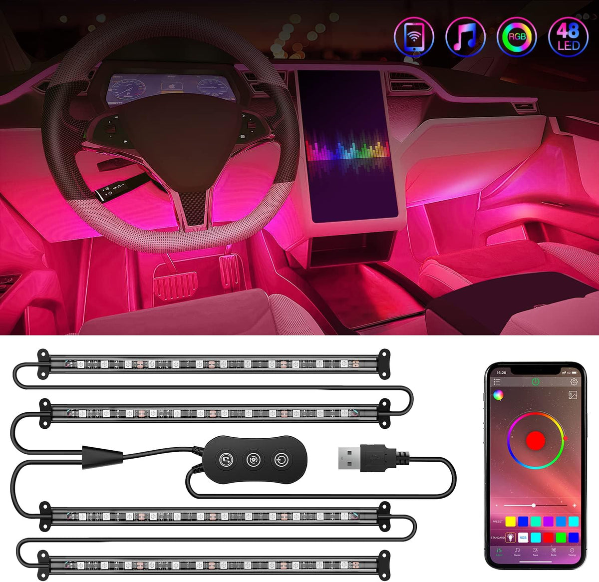 4PCS USB Car Interior Neon Accent Lights RGB App and Button Control