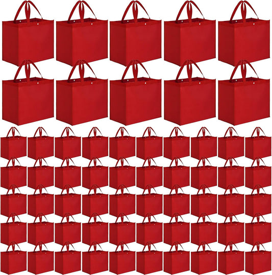 Zhehao 60 Pcs Reusable Grocery Bags Bulk Large Foldable Shopping Tote Bags Non Woven with Handle and Plastic Button(Red)