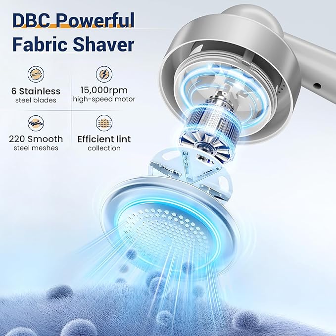 DBC Fabric Shaver & Lint Remover for Clothes, Sweaters & Furniture - 6-Leaf Blade, 3 Speeds, 2H Runtime, Portable Design Perfect for Travel, Includes 2 Extra Blades - Grey