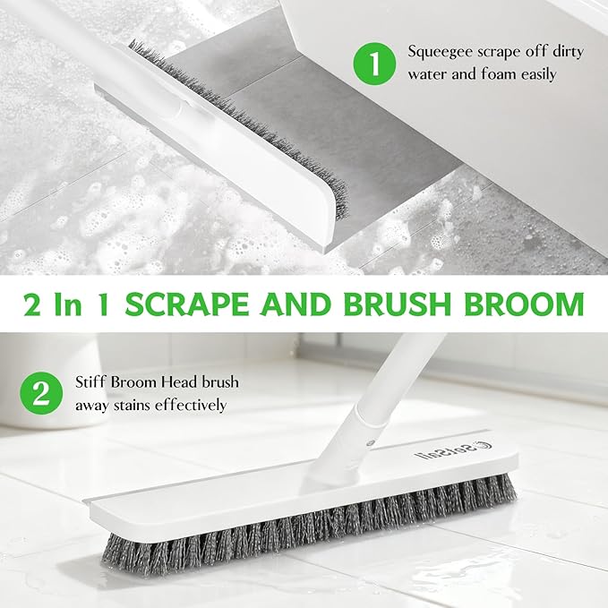 SetSail Floor Scrub Brush, Scrub Brush with 48-Inch Long Adjustable Handle 2 in 1 Scraper Brush Stiff Bristle Floor Scrubber for Cleaning Bathroom Shower Kitchen Garage Deck Tile Tub, White