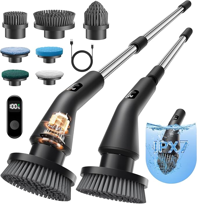 Leebein Electric Spin Scrubber, Cordless Cleaning Brush for Bathroom Shower Tub, IPX7 Waterproof Power Scrubber with 7 Brush Heads, Extendable Long Handle and 2 Speeds Scrubber for Bathtub Floor