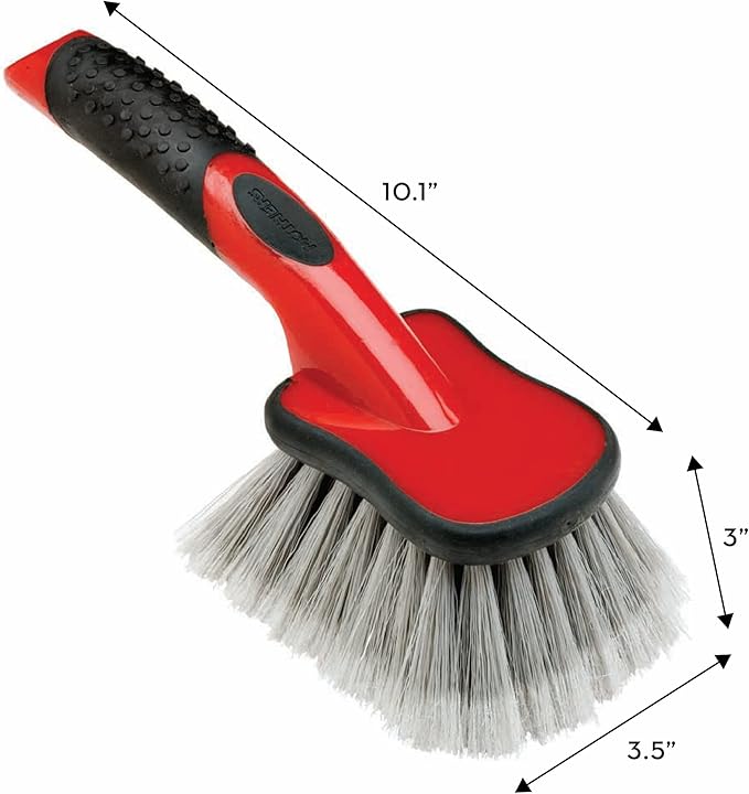Mothers Car Wash Brush, Wheel and Fender Brush, Short Handle Tire Cleaner for Car Detailing, 10 Inch, Red/Black