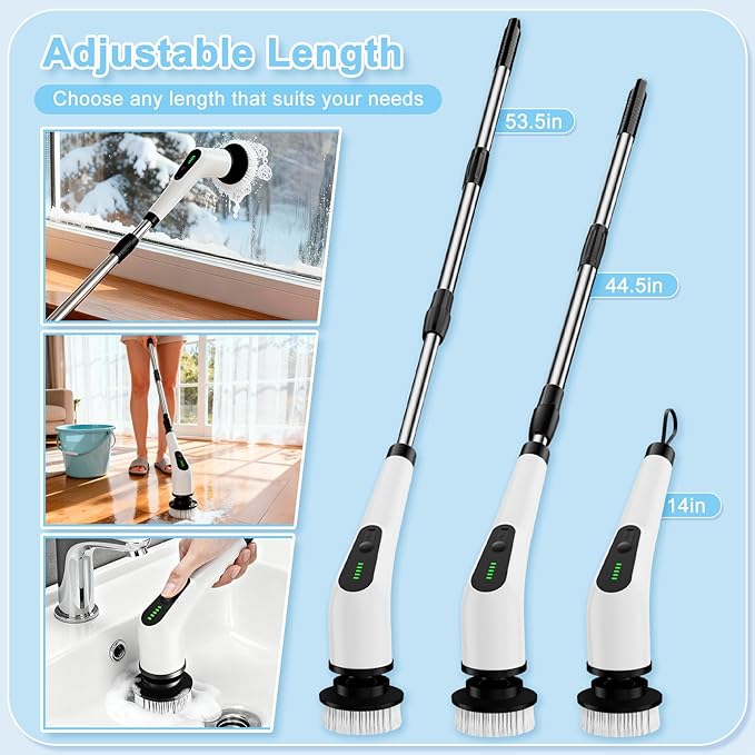 Electric Spin Scrubber, Cordless Cleaning Brush with 8 Replaceable Brush Heads, Shower Scrubber with Adjustable Extension Handle, Waterproof Power Scrubber for Bathroom Tile Floor Tub Car Walls