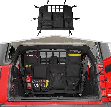 for JKU JLU Rear Trunk Organizer Bag Backseat Haning Cargo Organizer with Multi-Pockets Tool Kits fit for Jeep Wrangler 