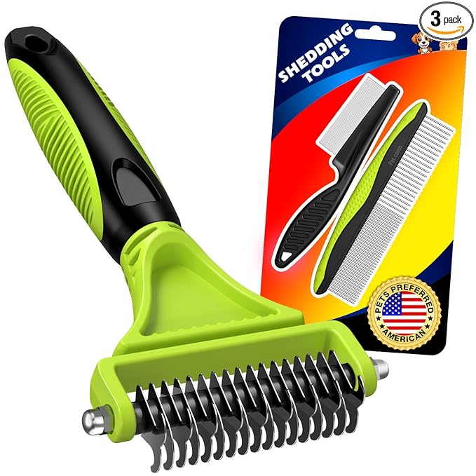 3PCS Pet Grooming Rake & Metal Comb & Flea Comb for Cats and Dogs, Double-Sided Dematting Tool, Extra-Wide Deshedding Dog Brush for Long Hair to Effectively Remove Tangles, Knots and Mats (Green)