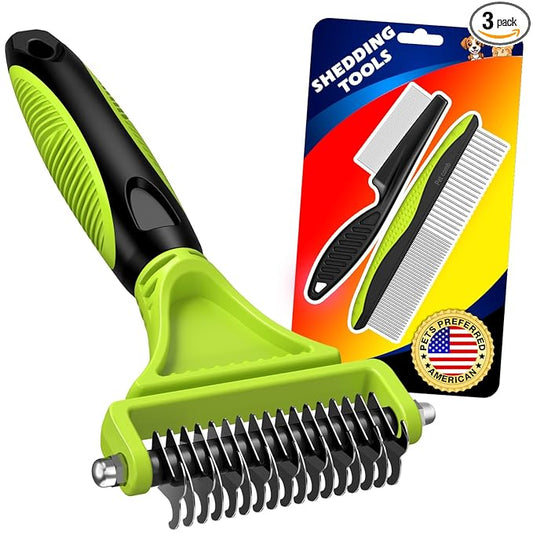 3PCS Pet Grooming Rake & Metal Comb & Flea Comb for Cats and Dogs, Double-Sided Dematting Tool, Extra-Wide Deshedding Dog Brush for Long Hair to Effectively Remove Tangles, Knots and Mats (Green)