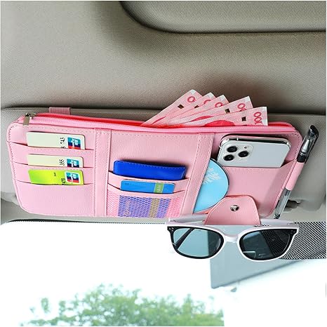 Augeny Car Sun Visor Organizer, Leather Personal Belonging Storage Pouch with Zipper, Car Visor Storage Pouch Sunglasses