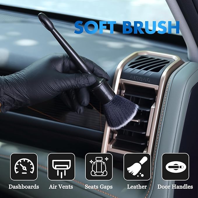 6 Pcs Interior Detailing Brush with Storage Bag - Car Detailing Brush Kit【Not Easy to Shed Bristles】- Automotive Interior Cleaning Brush for Air Vent, Leather Seat, Wheels, Emblems