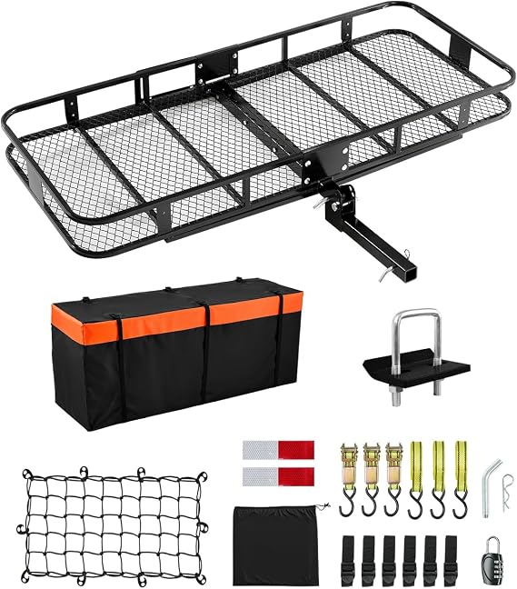 VEVOR 70" x 30" x 6", Hitch Cargo Carrier, 500 lbs Capacity with Ratchet Straps & Cargo Bag, Folding Hitch Mount Cargo C