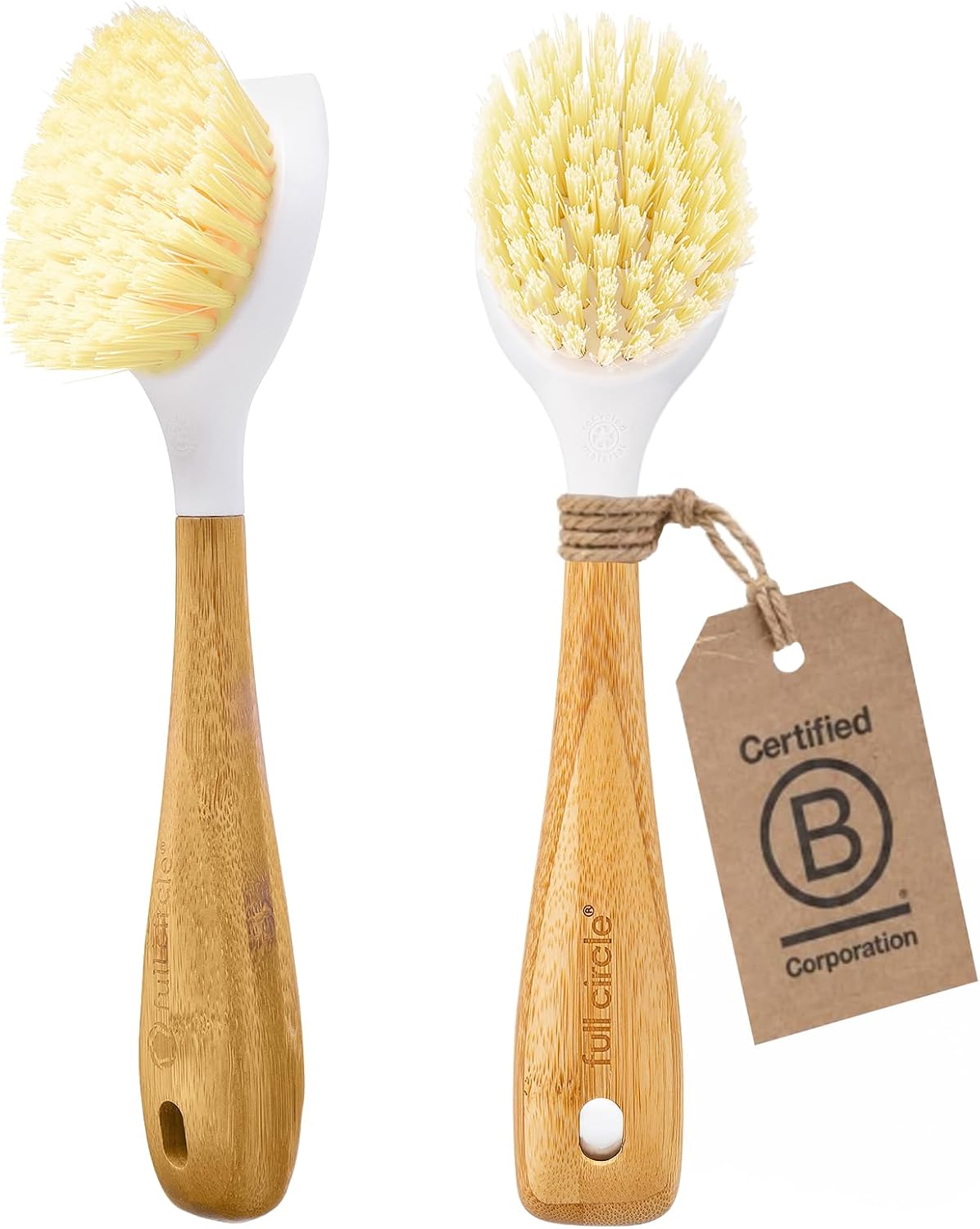 Full Circle Kitchen Dish Brush, Bamboo Handle & Strong Bristles, White 2pk