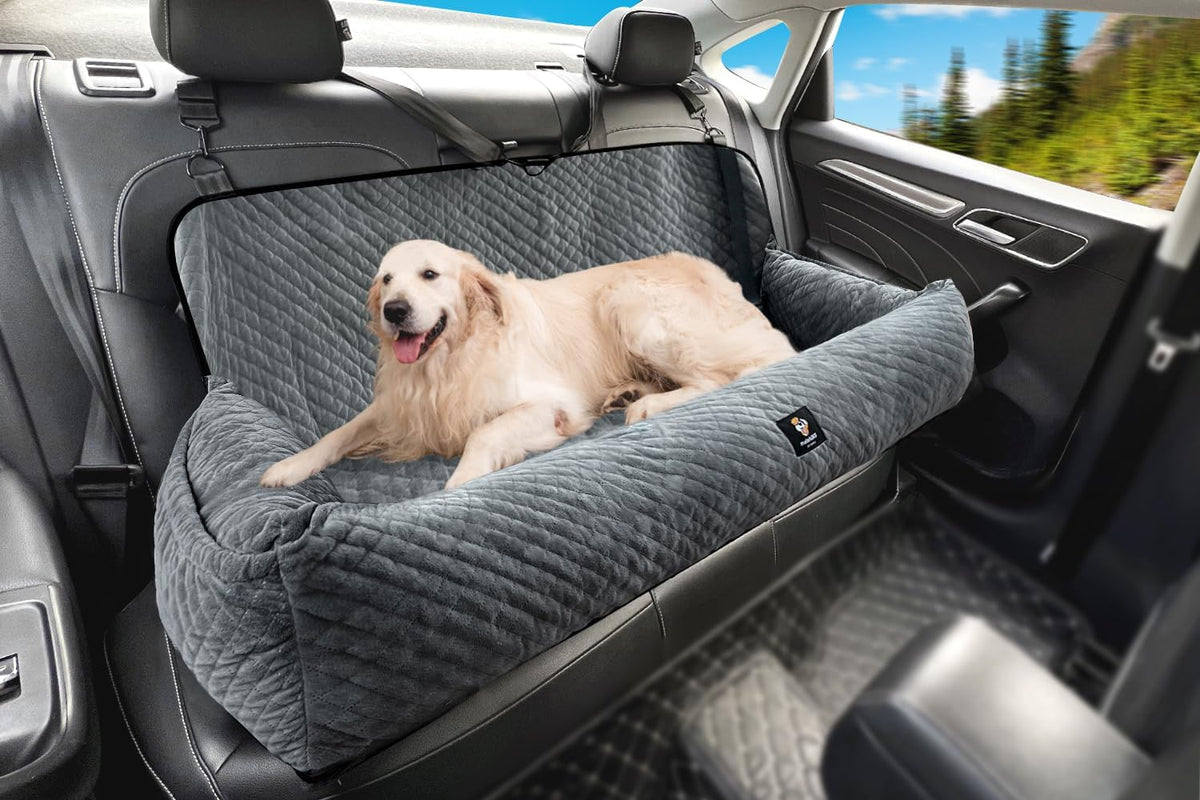 Dog Car Seat for Medium/Large Dogs Under 100 Lbs,Multi-Functional Dog Car Bed Washable Pet Travel Safety with Thick Cushion, Soft Safe Removable,for All Cars Back Seat（Grey）