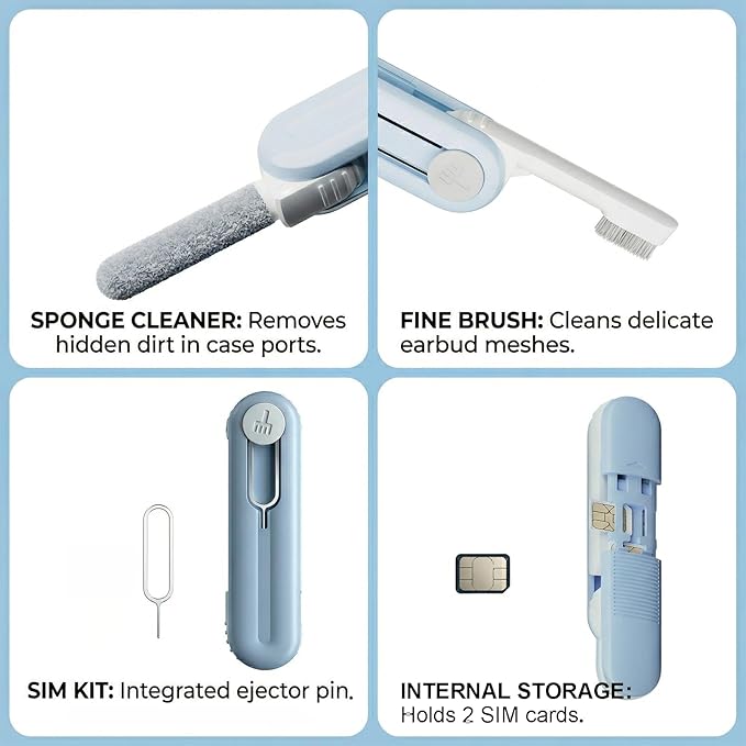 Electronic Cleaning Kit for Earbuds Phone, 3-in-1 Cleaner Tool with High-Density Brush SIM Ejection Pin, Portable 2.8in Case for AirPods iPhone Tablet Charging Port - Blue