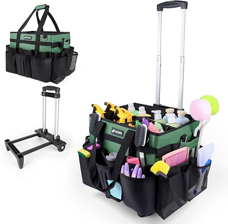 Large Rolling Cleaning Caddy Bag with Wheels, Cleaning Bag with Detachable Trolley, Cleaning Bags on Wheels for Housekee