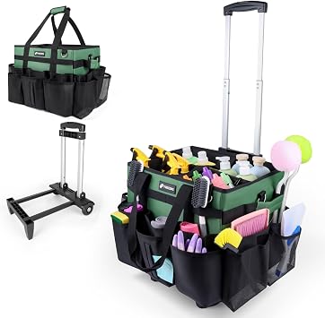 Large Rolling Cleaning Caddy Bag with Wheels, Cleaning Bag with Detachable Trolley, Cleaning Bags on Wheels for Housekee