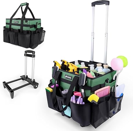 Large Rolling Cleaning Caddy Bag with Wheels, Cleaning Bag with Detachable Trolley, Cleaning Bags on Wheels for Housekee