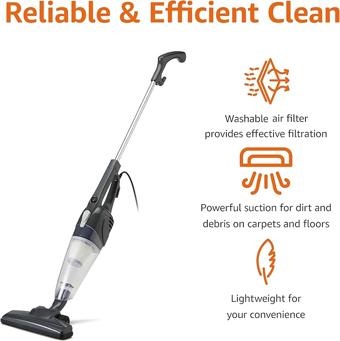 Amazon Basics 2-in-1 Corded Stick Vacuum Cleaner, Converts to Handheld, Lightweight (3.9 LBS), with Washable Filter, Crevice Tools, 0.5L Dust Cup, Self-Standing, 19.7-Ft Cord, 300W, Black