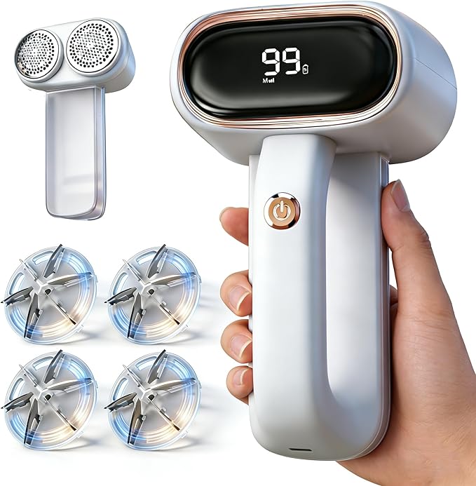 Fabric Shaver Lint Removers Rechargeable Sweater Shaver with Dual Head & LCD Display for Clothes Couch Pilling Furniture, 6-Leaf Blades Defuzzer, Pearl White, 1 Piece.