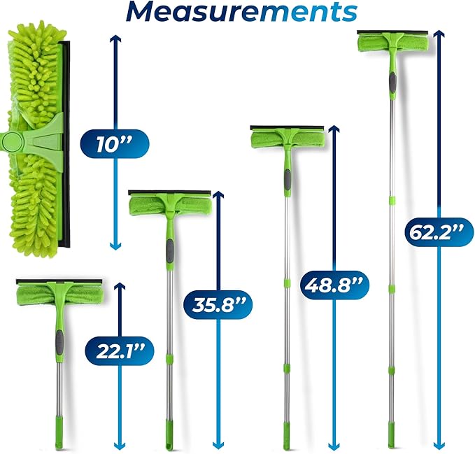 DSV Standard Professional Window Squeegee for Window Cleaning, 2 in 1 Rotatable Window Cleaning Squeegee Kit with Extension Pole, 62” Window Cleaning Tool for Indoor/Outdoor High Windows, Home, Car