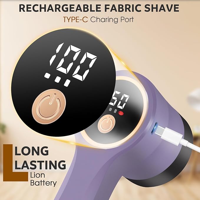 Rechargeable Fabric Shaver, Electric Lint Remover with Digital Display,Portable Sweater Defuzzer with 3 Speeds,6 Leaf Blades, Lint Shaver for Clothing,Furniture, Sofa,Sweater,Blanket…