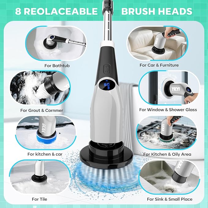 YKYI Cordless Electric Spin Scrubber, Power Cleaning Brush with 8 Replaceable Heads & Extension Handle for Bathroom, Tub, Tile, Floor, Car