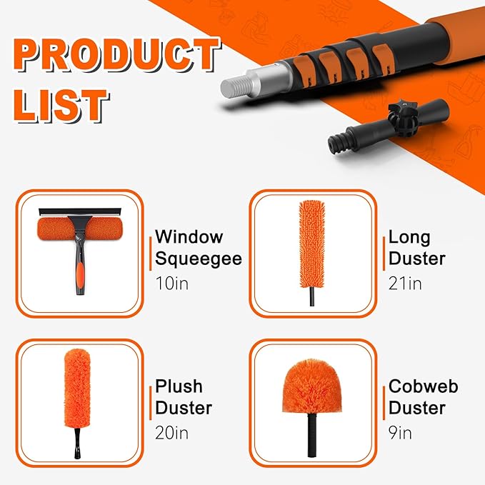 SISUPASSIE 20FT Reach High Ceiling Duster Kit, Window Cleaning kit with 3-12FT Extension Pole, Fan Duster for Ceiling Fan Blades, Microfiber Feather Duster, Rotatable Window Squeegee and Cobweb Duster