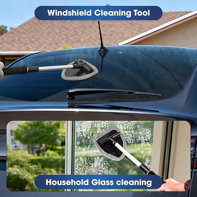 Gray Windshield Cleaner Tool, Car Interior Cleaning Kit with Extendable Handle and 3 Reusable Microfiber Pads, Auto Glass Wiper and Detailing Brush Kit for Car & Home Window