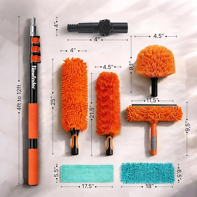 20ft High Ceiling Duster Kits with 4-12ft Heavy Duty Extension Pole, Ceiling Fan Duster, Cobweb Duster, Microfiber Duster, Window Squeegee & Cleaner, Wall Mop for Home & House Cleaning