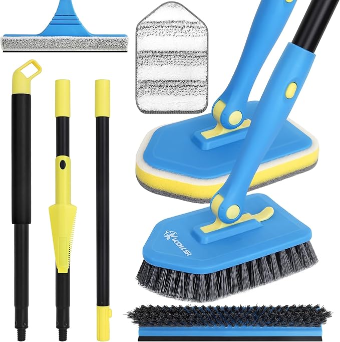 Tile Tub Scrubber Brush with 5 Different Function Cleaning Heads and 51" Extendable Long Handle Non Scratch Shower Scrubber for Cleaning Bathroom Kitchen Toilet Wall Bathtub Sink