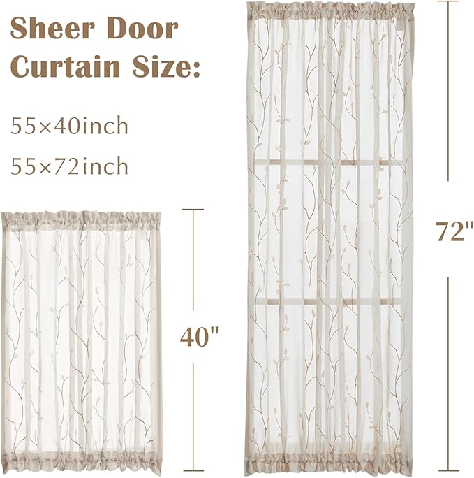 jinchan Sheer Door Curtain 72 Inches Floral Embroidered Semi-Sheer Embroidery Voile Floral French Door Curtain Light Filtering Drape Rod Pocket 1 Panel Beige