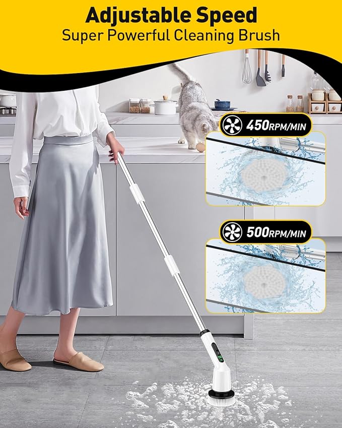 Shower Scrubber with Long Handle, Electric Spin Scrubber for Cleaning Bathroom, Cordless Cleaning Brush with IPX7 Waterproof & 2 Speed, Cleaning Supplies for Shower Tub Kitchen Tile Toilet