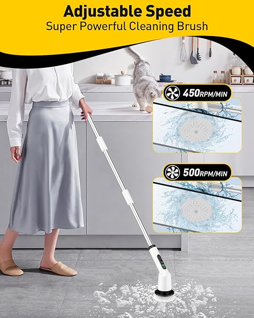 Shower Scrubber with Long Handle, Shower Cleaner Brush with 8 Brush Heads, Cordless Electric Spin Scrubber for Cleaning with 2 Speed, Cleaning Supplies for Bathroom Bathtub Kitchen Floor Tile Toilet
