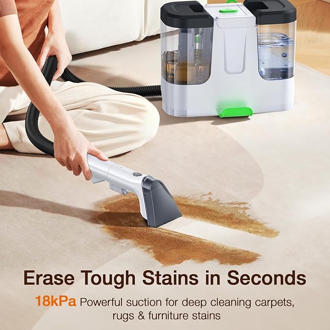 Portable Carpet & Upholstery Cleaner, 18Kpa Carpet Cleaner Machine for Deep Stain Removal, Spot Cleaner for Pet Accidents, Area Rugs, Stairs, Car Seats & Couches, Includes Tools & Self-Cleaning