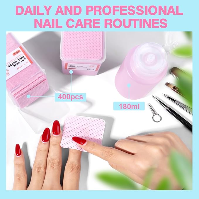 400PCS Lint Free Nail Wipes with Acetone Pump Dispenser, Pink Nail Polish Remover Pads with Dispenser, Eyelash Glue Cleaning Wipe with 180ML Alcohol&Acetone and Polish Remover Pump Bottle Kit