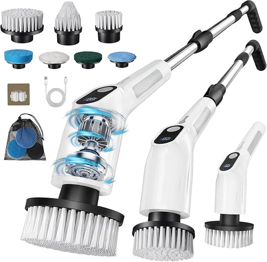 Benlari Electric Spin Scrubber for Cleaning Bathroom - Upgraded Dual Switch Cleaning Brush - IPX7 Waterproof Power Scrubber with 7 Brush Heads, Extended Handle and 2 Speeds for Shower Bathtub Floor
