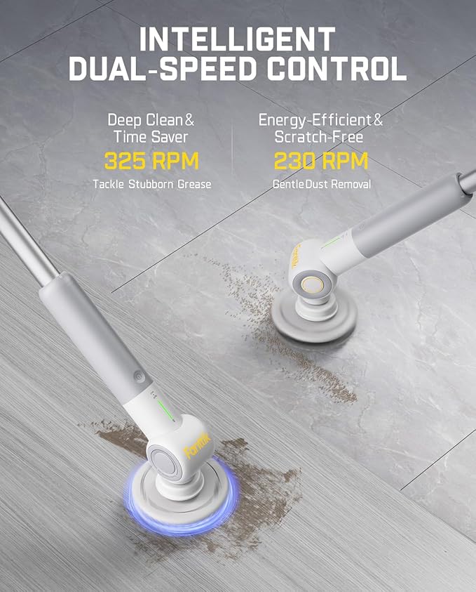 Fanttik Flip G9 Pro Electric Scrubber, VoltiPulse Motor, Dual-Speed Cleaner with 6 Brush Heads, Adjustable Angle & Extendable Handle, IPX7 Waterproof, Type-C Charge for Bathroom, Tile, Grout - White