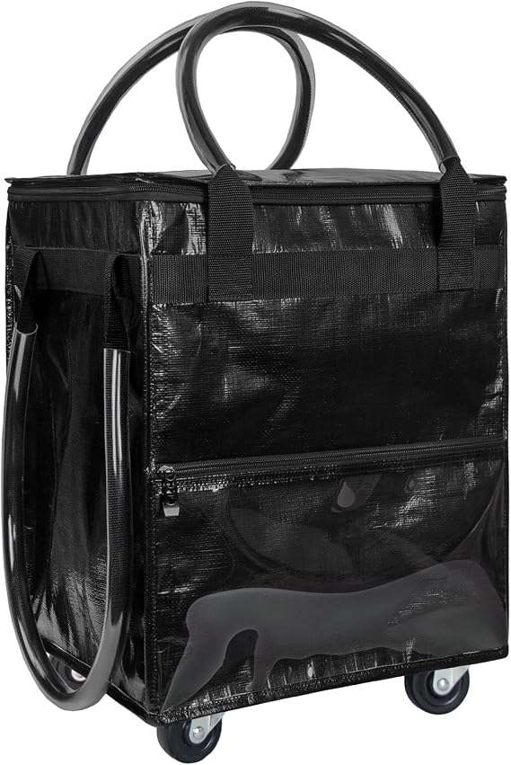 Small Black Reusable Grocery Bag on Wheels, Folding Rolling Tote