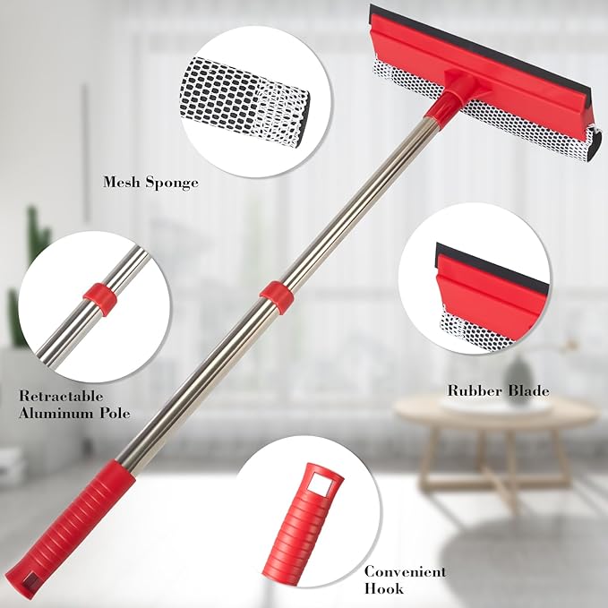 Professional Standard Window Squeegee,2-in-1 Window Cleaner Sponge and Soft Rubber Strip with Retractable Stainless Steel Handle(15.3"-23.6") for Gas Station, Glass,Shower,Outdoor Window Cleaning
