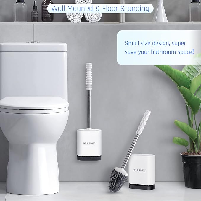 Sellemer Toilet Brush and Holder Set for Bathroom, Flexible Toilet Bowl Brush Head with Silicone Bristles, Compact Size for Storage and Organization, Ventilation Slots Base (3 Pack, White)