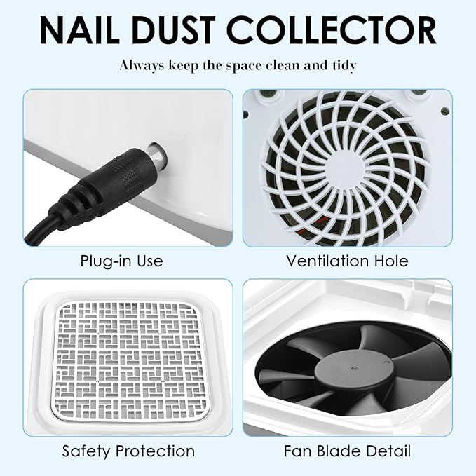 Nail Dust Collector with Reusable Filter for Acrylic Gel Nails, Vacuum Fan Dust Collector for Beginner, Adjustable Nail Vacuum Suction Fan for Manicure Pedicure at Salon or Home