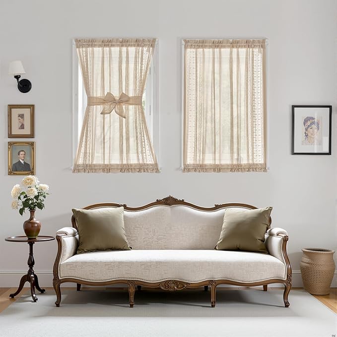 jinchan French Door Curtain Privacy Boho Embroidered Semi Sheer Voile Front Curtain for Window Doorway Closet, Door Panel with Tieback Rod Pocket 1 Panel (White on Beige, 55W x 40L Inch)