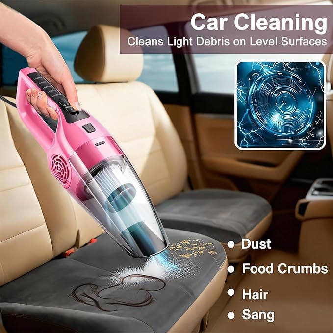 Car Vacuum Cleaner – 9000PA High Power Suction, DC 12V Portable Handheld Auto Vacuum with Attachments, Mini Car Interior Cleaner for Pet Hair, Dust, Crumbs, and Debris (Blush Pink)