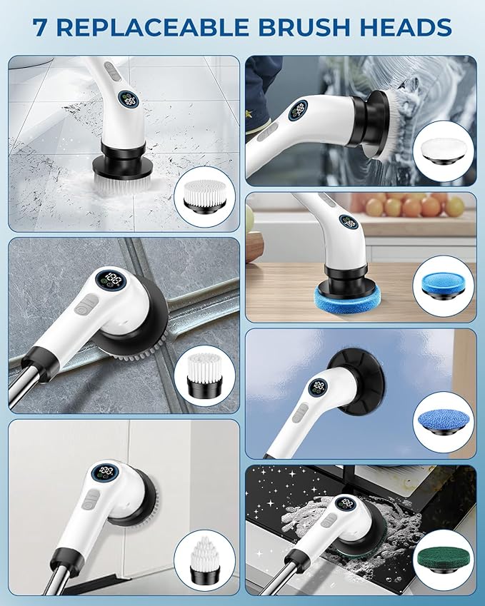 Electric Spin Scrubber, Rechargeable with Upgraded Battery & Extended Runtime, IPX7 Cleaning Brush, 3000mAh Battery 7 Brush Heads 2-Speed Adjustable Long Handle for Bathroom & Tile Floor Cleaning