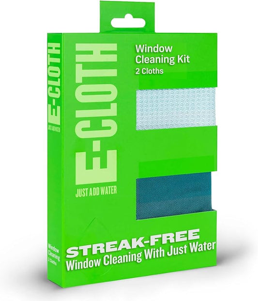 E-Cloth Microfiber Window Cleaning Cloth Kit - Glass Cleaning Cloth for Windows, Mirrors, Cars, Lenses, Eyeglasses, & More, Streak Free Clean, Machine Washable Reusable Towel - Green
