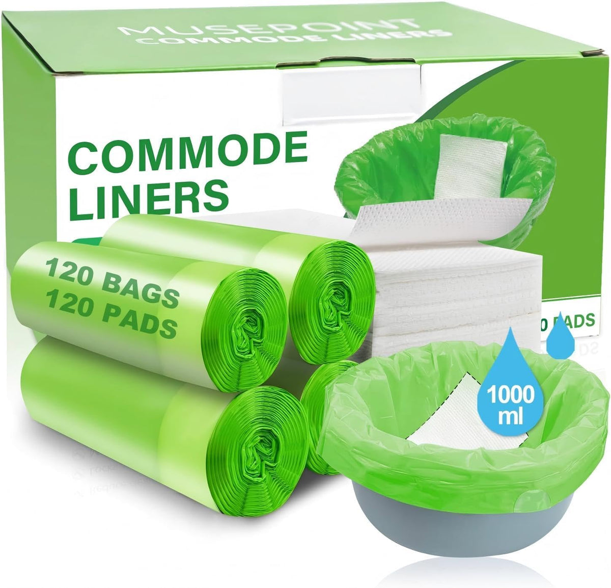 120 Pack Commode Liners with 120 Super Absorbent Pads